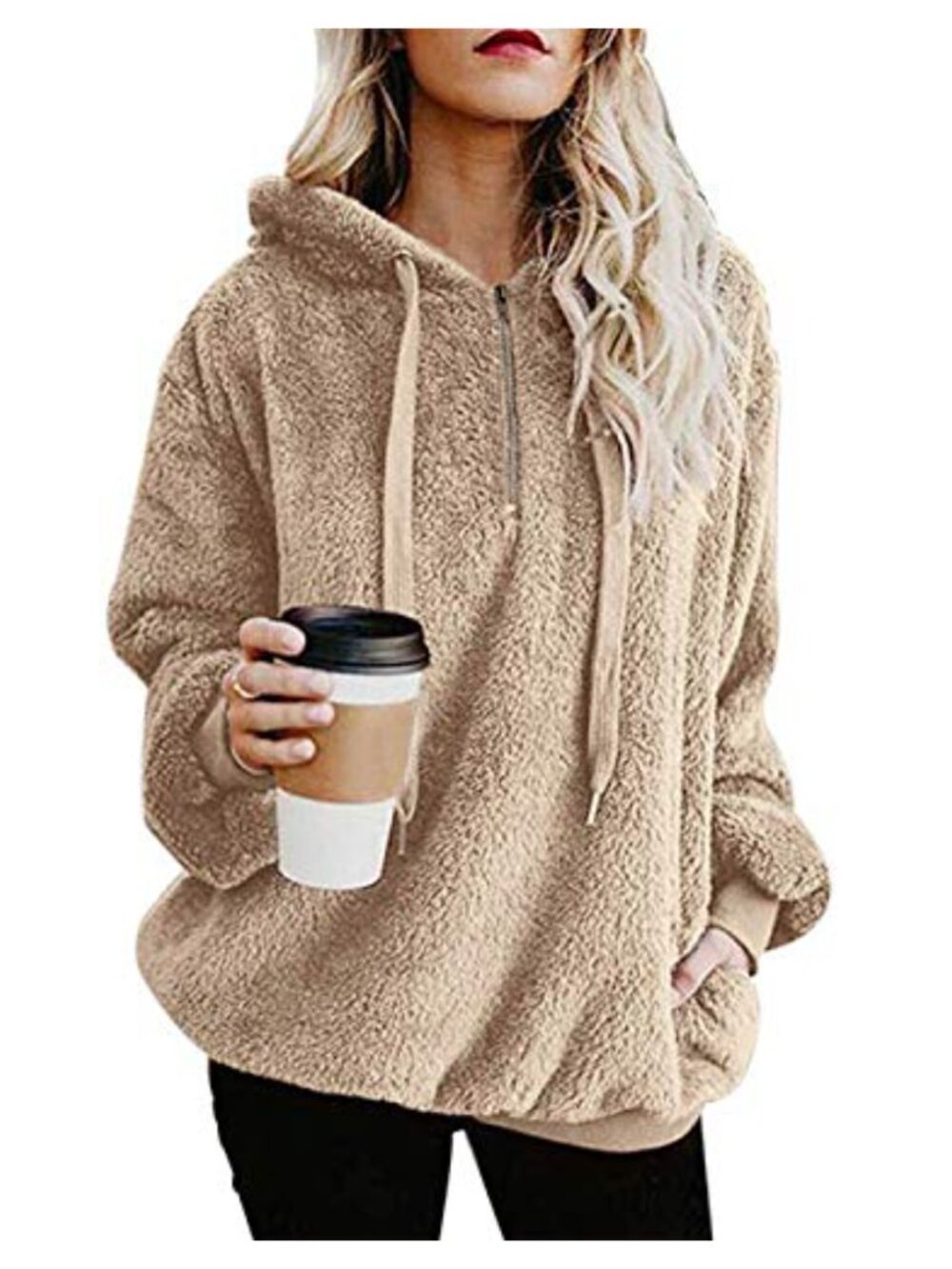 Fuzzy Sherpa Pullover Hoodie Drawstring Long Sleeve Warm Tunic Sweatshirt
